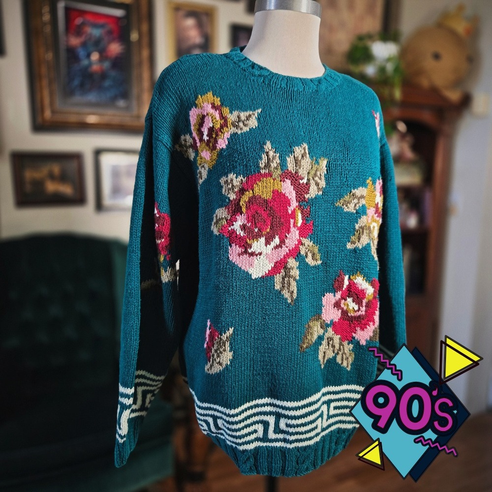 Bugle Boy Knit Sweater Vintage 90s‎ Floral Teal Pink Rose Cottagecore Women M